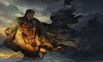 Rule 34 | 1boy, black coat, black hair, black pants, blood, blood on clothes, blood on face, cape, cigar, cloud, cloudy sky, coat, coat on shoulders, commentary request, crocodile (one piece), earrings, floating cape, fur-trimmed coat, fur trim, hair slicked back, highres, hook, hook hand, jewelry, long sleeves, male focus, medium hair, nitoera ne, ocean, one piece, orange vest, outdoors, pants, partially submerged, patterned clothing, piercing, shirt, sky, smoke, smoke trail, smoking, solo, torn clothes, torn coat, vest, water, white fur, white shirt