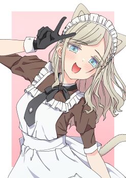 1girl :d absurdres animal_ears apron black_gloves black_necktie blue_eyes blush border breasts brown_dress cat_ears cat_tail ceras_yanagida_lilienfeld commentary_request cowboy_shot dress frilled_apron frills gloves grey_hair highres kara_iroha link!_like!_love_live! long_hair looking_at_viewer love_live! maid maid_apron maid_headdress medium_breasts necktie nyan_nyan_nyan_fair_in_gamers official_alternate_costume open_mouth outside_border pink_background short_sleeves smile solo tail virtual_youtuber white_apron white_border