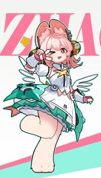 >_o 1girl animal_ear_fluff animal_ear_piercing animal_ears animal_feet aria_(zenless_zone_zero) aria_(zenless_zone_zero)_(cosplay) center_frills character_name cosplay dress fingerless_gloves frills furry furry_female gloves grey_background hair_ornament highres leg_up looking_at_viewer one_eye_closed open_mouth passive408 pink_fur pink_gloves pink_hair rabbit_ears rabbit_girl red_eyes screw solo sphere_hair_ornament standing standing_on_one_leg star_(symbol) v v_over_eye white_dress white_wings wings zenless_zone_zero zhao_(zenless_zone_zero)
