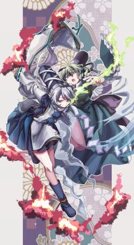 2girls :o absurdres arms_behind_back back_bow black_bow black_hat blue_boots blue_eyes blue_hat blue_skirt boots border bow commentary_request dress fire floating_clothes frilled_sleeves frills full_body ghost_tail green_dress green_eyes green_hair grey_hair hand_up hat hat_ribbon highres japanese_clothes kariginu knees_up long_hair long_sleeves looking_at_viewer mononobe_no_futo multiple_girls ofuda ofuda_on_clothes open_mouth outline patterned_background pom_pom_(clothes) ponytail ribbon ribbon-trimmed_sleeves ribbon_trim skirt smile soga_no_tojiko standing standing_on_one_leg tate_eboshi touhou white_border white_outline xing_mao_yin_(ksyd4458)
