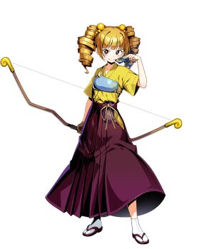 Rule 34 | 1girl, artist request, bow (weapon), brown eyes, brown gloves, brown hair, card, closed mouth, drill hair, duel masters, duel masters deck development, duel masters play's, fang, gloves, hair ornament, hakama, hakama skirt, holding, holding bow (weapon), holding card, holding weapon, japanese clothes, kimono, looking at viewer, muneate, official art, red skirt, sandals, single glove, skirt, socks, solo, trading card, transparent background, twin drills, weapon, white socks, yaeko (duel masters), yellow kimono, zouri