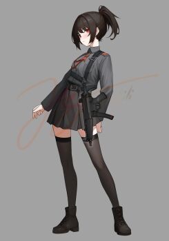 1girl absurdres aiguillette belt belt_buckle black_hair black_thighhighs boots breast_pocket breasts brown_boots buckle chinese_commentary collar full_body grey_background grey_collar grey_shirt grey_skirt gun gun_sling h&amp;k_mp5 hair_tie highres jerry_wang lace-up_boots long_sleeves looking_at_viewer magazine_(weapon) original pleated_skirt pocket ponytail red_eyes shirt short_hair shoulder_boards signature simple_background skindentation skirt small_breasts solo standing strap submachine_gun tape thighhighs weapon zettai_ryouiki