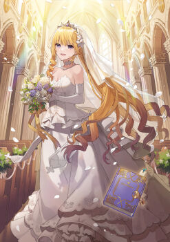 1girl :d bare_shoulders blonde_hair blush book bookmark bouquet breasts bride church cleavage column crescent dress drill_hair earrings eihi elbow_gloves flower gem gloves hair_flower hair_ornament happy highres holding holding_bouquet jewelry lieselotte_riefenstahl lock long_hair looking_at_viewer medium_breasts necklace open_mouth padlock petals pew pillar purple_eyes purple_gemstone single_sidelock smile solo standing tiara tsundere_akuyaku_reijou_lieselotte_to_jikkyou_no_endou-kun_to_kaisetsu_no_kobayashi-san very_long_hair wedding wedding_dress white_dress white_gloves