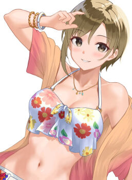 1girl aiba_yumi bikini bracelet breasts brown_eyes brown_hair commentary_request fascinate_kyrie floral_print floral_print_bikini grin highres idolmaster idolmaster_cinderella_girls jewelry looking_at_viewer medium_breasts multiple_bracelets navel necklace open_clothes print_bikini short_hair simple_background smile solo stomach swimsuit upper_body white_background white_bikini