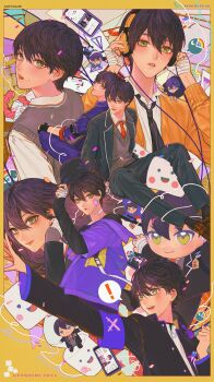 Rule 34 | !, 1boy, 1girl, absurdres, adjusting headphones, armband, back-to-back, bandaged hand, bandages, bandaid, bandaid on face, bandaid on neck, baseball cap, black hat, black jacket, black pants, blazer, blue armband, blush, border, brown shoes, brown sweater vest, cellphone, character doll, character name, chibi, company logo, doll, food, food on face, genderswap, genderswap (mtf), hair between eyes, hat, headphones, highres, holding, holding food, jacket, kenmochi touko, kenmochi touya, kenmochi touya (1st costume), kenmochi touya (7th costume), lapels, layered sleeves, long sleeves, male focus, marshmallow, marshmallow (site), multiple views, necktie, nijisanji, notched lapels, omamori, pants, phone, purple hair, red necktie, ry1115275908, shoes, short over long sleeves, short sleeves, smartphone, spoken exclamation mark, sweater vest, virtual youtuber, yellow border, yellow eyes