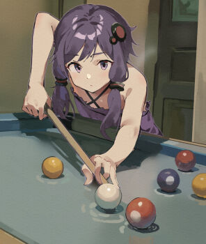 1girl ball bare_arms bare_shoulders billiard_ball closed_mouth commentary_request criss-cross_halter cue_stick door dress hair_ornament halterneck highres holding indoors lamb_(hitsujiniku) leaning_forward long_hair pool_table purple_dress purple_eyes purple_hair solo table vocaloid voiceroid yuzuki_yukari