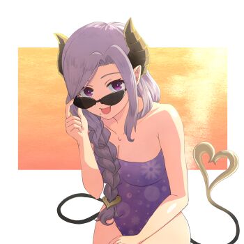 1girl adjusting_eyewear alternate_costume bare_arms bare_shoulders braid breasts bright_pupils brown_horns cleavage commentary_request cowboy_shot curtained_hair demon_girl demon_horns demon_tail floral_print_one-piece_swimsuit hair_over_shoulder hand_on_eyewear haniwa_(leaf_garden) highleg highleg_one-piece_swimsuit highres horns large_breasts long_hair looking_over_eyewear low_side_ponytail mole mole_under_mouth nanashi_inc. ocean official_alternate_hairstyle one-piece_swimsuit outside_border purple_hair purple_one-piece_swimsuit saionji_mary side_braid side_part single_braid solo strapless strapless_one-piece_swimsuit sunglasses sunset swimsuit tail virtual_youtuber white_pupils