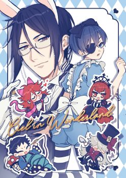 alice_(alice_in_wonderland) alice_(alice_in_wonderland)_(cosplay) alice&#039;s_adventures_in_wonderland animal_ears bow cheshire_cat_(alice_in_wonderland) cheshire_cat_(alice_in_wonderland)_(cosplay) chibi ciel_phantomhive cosplay dress eyepatch grell_sutcliff highres kurosh00kie kuroshitsuji lau lips madam_red open_mouth queen_of_hearts_(alice_in_wonderland) queen_of_hearts_(alice_in_wonderland)_(cosplay) rabbit_ears ranmao sebastian_michaelis undertaker_(kuroshitsuji)