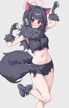 1girl @_@ animal_ears armpits arms_up black_claws black_hair blue_archive blush cat_ears colored_inner_animal_ears colored_inner_hair crop_top embarrassed extra_ears fake_claws fur-trimmed_gloves fur-trimmed_socks fur_scarf fur_sleeves fur_trim gloves grey_background halloween_costume halo highres kazusa_(blue_archive) kazusa_(halloween)_(blue_archive) leg_up looking_at_viewer metaljelly multicolored_hair navel official_alternate_costume pink_halo shirt skirt sleeveless sleeveless_shirt solo standing standing_on_one_leg torn_clothes torn_skirt werewolf_costume