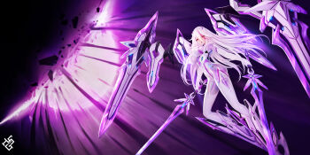 Rule 34 | 1girl, absurdres, android, bodysuit, breasts, chestnut mouth, dual wielding, eyes visible through hair, facial mark, hair between eyes, headgear, highres, holding, holding sword, holding weapon, long hair, looking at viewer, mechanical wings, medium breasts, multicolored hair, original, red eyes, science fiction, shiny clothes, skin tight, solo, streaked hair, sword, see-through body, weapon, white hair, wings, zhuore zhi hen