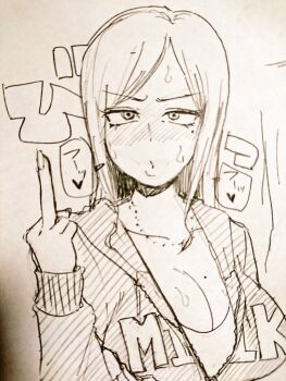 1girl black_hair blush breasts cleavage collarbone female_focus formal_clothes hair_bun hear heart japanese_text large_breasts middle_finger mole mole_under_eye mole_under_mouth monochrome pen_(medium) pursed_lips single_hair_bun solo spoken_heart suit sweat sweater traditional_media undershirt yan-baru