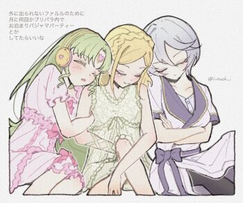 Rule 34 | 3girls, blonde hair, braid, closed eyes, closed mouth, commentary request, cropped legs, crossed arms, crown braid, dress, falulu, falulu (awakened), forehead jewel, green hair, grey hair, highres, iruchi, long hair, midorikaze fuwari, multiple girls, pajamas, parted bangs, pink dress, pretty series, pripara, shikyoin hibiki, short hair, simple background, sitting, sleeping, sleeping on person, sleeping upright, sleeveless, sleeveless dress, smile, translation request, white dress