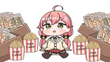 1girl :&lt; ahoge black_bow bow brown_jacket brown_pantyhose bucket chibi collared_shirt dress_shirt food green_eyes hair_between_eyes hair_bow highres hololive jacket long_sleeves low_twintails mochimiko no_shoes pantyhose parted_lips pink_hair popcorn puffy_long_sleeves puffy_sleeves red_skirt sakura_miko shirt simple_background sitting skirt solo triangle_mouth twintails virtual_youtuber white_background white_shirt