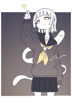 1girl arm_up black_sailor_collar black_skirt border cowboy_shot ghost highres long_sleeves miniskirt neckerchief omochi_noa original outside_border pleated_skirt reaching sailor_collar school_uniform serafuku signature skirt standing star_(symbol) white_border yellow_eyes yellow_neckerchief