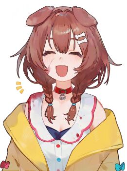 1girl ^_^ animal_collar animal_ears blood blood_on_clothes blood_on_face bone_hair_ornament braid brown_hair closed_eyes collar dog_ears dog_girl dress fang hair_ornament highres hololive inugami_korone inugami_korone_(1st_costume) jacket laughing low_twin_braids open_mouth red_collar skin_fang smile solo twin_braids virtual_youtuber white_background white_dress yasumigohan yellow_jacket