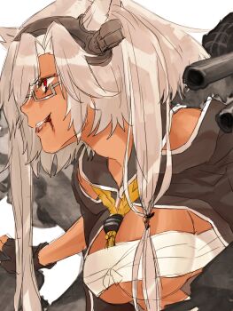 Rule 34 | 1girl, black gloves, blood, blood from mouth, blood on face, breasts, budget sarashi, chest sarashi, commentary, dark-skinned female, dark skin, glasses, gloves, grey hair, hair over one eye, headgear, kagaya jirou, kantai collection, large breasts, long hair, musashi (kancolle), partially fingerless gloves, red eyes, rigging, sarashi, simple background, solo, upper body