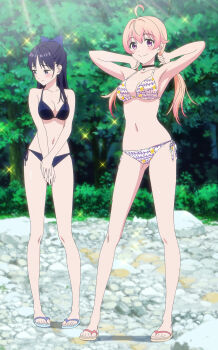 2girls absurdres alternate_breast_size anime_screenshot arm_behind_head armpits bikini black_hair blonde_hair blush breasts bunching_hair cleavage feet hair_ribbon highres large_breasts legs long_hair looking_at_viewer low_twintails miyao_nemu multiple_girls navel playing_with_own_hair purple_eyes ribbon side-tie_bikini_bottom smile stitched swimsuit thighs third-party_edit twintails wakatsuki_niko witch_watch