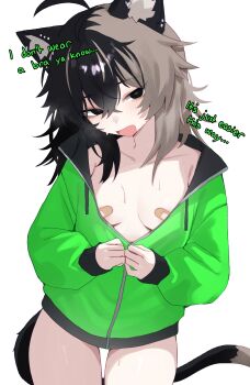 1girl absurdres ahoge animal_ear_fluff animal_ear_piercing animal_ears bandaid bandaids_on_nipples black_eyes black_hair breasts cat_ears cat_girl cat_tail chi_(nyaivie) collarbone commentary cowboy_shot crossed_bangs drawstring english_commentary english_text green_jacket grey_hair hair_between_eyes highres jacket light_blush long_hair long_sleeves looking_at_viewer multicolored_hair no_bra no_pants nyaivie open_clothes open_jacket open_mouth original partially_unzipped pasties small_breasts solo split-color_hair sweat tail thigh_gap two-tone_hair