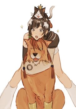 1girl :d :o animal animal_hug animal_on_head armor bent_over black_cat black_gloves blush brown_eyes brown_hair cait_sith_(final_fantasy) cat cat_on_head closed_eyes commentary crown elbow_gloves final_fantasy final_fantasy_vii forehead_protector gloves green_sweater headband highres hug hug_from_behind leaning_forward light_blush looking_ahead mini_crown on_head one_eye_closed open_mouth pauldrons raised_eyebrows red_xiii scar scar_across_eye scar_on_face short_hair short_shorts shorts shoulder_armor simple_background single_bare_shoulder single_pauldron sleeveless sleeveless_sweater smile solo sparkle spread_legs sweater swept_bangs teeth upper_teeth_only very_short_hair white_background white_cat white_shorts wide-eyed wnupani