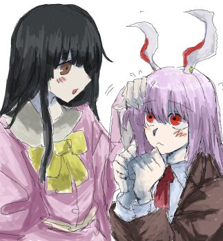 Rule 34 | 2girls, :<, animal ears, belt, black hair, blush, bow, bowtie, brown eyes, brown jacket, cha syu oic, clenched hand, closed mouth, collared shirt, flying sweatdrops, formal clothes, hair between eyes, hand on another's head, hand up, hands up, houraisan kaguya, jacket, lapels, long hair, long sleeves, looking at another, multiple girls, necktie, open mouth, pale skin, petting, pink shirt, purple hair, rabbit ears, rabbit girl, red eyes, red necktie, reisen udongein inaba, shirt, sidelocks, simple background, single sidelock, smile, touhou, upper body, white background, white belt, white shirt, wide sleeves, yellow bow, yellow bowtie