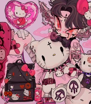 1boy amatou_akuma armband backpack bag balloon bandaged_leg bandages bandaid bandaid_on_knee bandaid_on_leg bare_shoulders belt black_bow black_hair black_shirt bow bow_earrings box buckle butterfly_earrings chain chain_earrings character_backpack character_bag character_balloon character_cup character_doll character_name character_pillow character_pin character_print character_tattoo cigarette cigarette_in_mouth collar cross cup doll dripping_eye dripping_mascara ear_piercing ear_tag earrings emo_boy english_text facial_mark food forehead_mark fruit hair_bow hair_ornament heart heart_balloon heart_ear_ornament heart_earrings heart_marking heart_print hello_kitty highres holding holding_stuffed_toy jewelry knee_up leg_warmers looking_at_viewer makeup male_focus mascara messy_makeup mouth_hold original parted_bangs pentagram pentagram_print piercing pillow pink_arm_warmers pink_background pink_belt pink_bow pink_buckle pink_leg_warmers pink_skirt pink_straps pink_theme polka_dot polka_dot_bow randoseru red_bow safety_pin sanrio shirt short_hair shorts shoulder_bag simple_background sitting skirt skull skull_print sleeveless sleeveless_shirt smoke smoking socks solo sparkle_print spiked_collar spikes stitches strawberry strawberry_pin stuffed_animal stuffed_cat stuffed_toy symbol-shaped_pupils tank_top tattoo wings