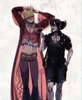 Rule 34 | 2boys, absurdres, belt, black hair, blackberreh-art, blonde hair, blonde hair roots, cigarette, cropped shirt, curly hair, design speculation, distortion (tma), ear piercing, earrings, eye tattoo, face piercing, finger tattoo, gerard keay, girly boy, goth fashion, grin, hair bun, hawaiian shirt, height difference, highres, hippie, holding, holding cigarette, jewelry, lips, long hair, lowleg, lowleg pants, makeup, male focus, male pubic hair, michael shelley, multiple boys, multiple piercings, navel, navel hair, neck tattoo, nose piercing, nose ring, pants, pectoral cleavage, pectorals, piercing, pointy ears, pubic hair, pubic hair peek, scar, self-harm scar, septum piercing, shirt, smile, smoke, snakebite (piercing), tall male, tattoo, teeth, the magnus archives