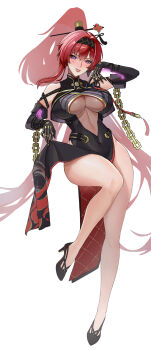 1girl absurdres bare_legs bare_shoulders black_bodysuit black_gloves bodysuit breasts circle_facial_mark commentary covered_navel elbow_gloves facial_mark full_body gloves hair_ornament hair_stick high_heels high_ponytail highres houtougu legs mark_under_both_eyes medium_breasts parted_lips ponytail purple_eyes red_hair smile solo thighs wuthering_waves yinlin_(wuthering_waves)