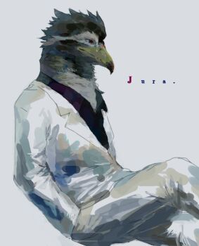 1boy bird_boy commentary_request furry furry_male glasses grey_background hands_in_pockets invisible_chair looking_to_the_side male_focus nagabe original red_eyes simple_background sitting solo