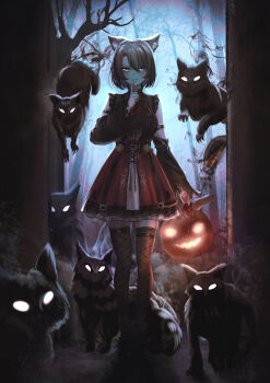 1girl alternate_eye_color animal_ear_fluff animal_ears arm_belt ataririri backlighting bare_tree basket belt black_belt black_bow black_shirt black_sleeves boots bow bowtie breasts brown_hair cat cat_ears cat_girl commentary detached_sleeves english_commentary evil_smile film_grain finger_to_mouth footwear_bow frilled_shirt frills full_body glowing grey_eyes halloween hand_up highres hina_lusaire holding holding_basket indie_virtual_youtuber jack-o'-lantern long_sleeves looking_at_viewer medium_breasts night parted_lips red_skirt second-party_source shirt short_hair shushing skirt sleeveless sleeveless_shirt slit_pupils smile solo straight-on suspender_skirt suspenders swept_bangs thighhighs tree tsurime v-shaped_eyebrows virtual_youtuber zettai_ryouiki