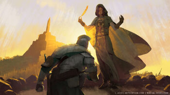 1girl 1other bearer_of_the_curse brown_gloves brown_hair cape cloak commentary_request dark_souls_(series) dark_souls_ii dress emerald_herald feathers full_body fur_cape gauntlets gloves green_cloak green_dress green_shirt helm helmet highres holding holding_feather hood hood_up hooded_cloak in-universe_location l_aciel on_one_knee outdoors pillar shirt sky standing sword watermark weapon web_address yellow_sky