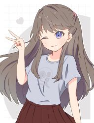 Rule 34 | 1girl, ;), absurdres, brown hair, brown skirt, closed mouth, commentary, fujishima megumi, grey background, grey shirt, grid background, hand up, hi (rurimeg), highres, link! like! love live!, long hair, looking at viewer, love live!, one eye closed, outline, pleated skirt, purple eyes, shirt, short sleeves, skirt, smile, solo, split mouth, t-shirt, two side up, upper body, v, virtual youtuber, white outline