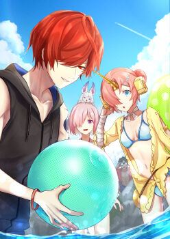 1other 2boys 2girls alternate_costume ball bandaged_arm bandages bartholomew_roberts_(fate) beach bikini binoculars black_hair blue_bikini blue_eyes blue_sky breasts cloud collarbone commentary_request creature creature_on_head dark-skinned_male dark_skin day double_bun fate/grand_order fate_(series) fou_(fate) frankenstein&#039;s_monster_(fate) frankenstein&#039;s_monster_(swimsuit_saber)_(fate) frankenstein&#039;s_monster_(swimsuit_saber)_(first_ascension)_(fate) fuji_(pixiv35145847) fuuma_kotarou_(fate) fuuma_kotarou_(shinobi_attire_for_summer_enjoyment)_(fate) hair_bun hair_ornament hair_over_one_eye headgear highres holding holding_ball hood hood_down hoodie horns in_water jacket light_purple_hair lips long_sleeves looking_at_viewer mash_kyrielight mash_kyrielight_(swimsuit_of_perpetual_summer_ver.02) mechanical_horns multiple_boys multiple_girls navel official_alternate_costume one_eye_covered open_clothes open_jacket open_mouth outdoors parted_lips pink_hair pink_lips purple_eyes red_hair red_jacket short_hair signature single_horn sky sleeveless sleeveless_hoodie small_breasts smile stalking swimsuit teeth trait_connection wading water wet yellow_jacket