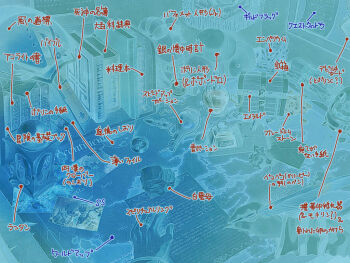 1boy :3 arch_bishop_(ragnarok_online) baphomet_jr bible_(object) bulletin_board commentary_request compass crumpled_paper crystal demon desk desk_lamp drops_(ragnarok_online) emperium english_text envelope flask gem goat hat inkwell inverted_colors jewelry lamp leaf letter lock long_sleeves male_focus map necklace padlock peaked_cap photo_(object) pocket_watch poporing poring potion quill ragnarok_online red_hat scroll solo susukinohukurou translation_request treasure_chest unworn_headwear watch writing