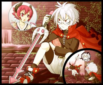 1girl 2boys almaz_von_almadine_adamant anger_vein booism commentary demon_boy demon_girl disgaea english_commentary glasses hair_between_eyes holding holding_sword holding_weapon horns long_sleeves makai_senki_disgaea_3 mao_(disgaea) multiple_boys object_through_head pink_eyes pink_hair pointy_ears raspberyl red_eyes round_eyewear shoelaces shoes short_hair shorts sneakers sword sword_in_head weapon white_hair