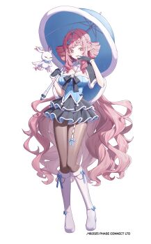 1girl absurdres black_bow black_gloves black_skirt blue_bow blue_bowtie boots bow bowtie braid breasts copyright_notice earrings footwear_bow full_body fur-trimmed_gloves fur_trim gloves grey_eyes hair_ornament highres holding holding_umbrella jewelry long_hair malice_evermore mimi_evernight phase_connect pink_hair pointy_ears skirt taiyaki12 umbrella virtual_youtuber white_background white_boots