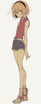 Rule 34 | 1girl, arms behind back, belt, black hairband, blonde hair, blue shorts, collared shirt, full body, hairband, higurashi no naku koro ni, holding own wrist, houjou satoko, kokujin youhei, long legs, looking at viewer, pink shirt, purple eyes, shirt, shoes, short hair, shorts, simple background, sleeveless, sleeveless shirt, sneakers, socks, solo, white background, white belt, white socks
