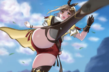 1girl absurdres atelier_(series) atelier_ryza atelier_ryza_3 beret blush bracelet braid breasts brown_eyes brown_gloves brown_hair brown_vest clover_hair_ornament crown_braid earrings floating_earrings from_below gloves hair_ornament hat highres jewelry large_breasts leather leather_belt leather_gloves leg_up multiple_bracelets open_mouth red_shorts reisalin_stout short_hair short_shorts shorts single_glove siraai11 solo teeth thick_thighs thighhighs thighs upper_teeth_only v-shaped_eyebrows vest white_hat x_hair_ornament