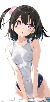 1girl :o absurdres bare_arms black_hair breasts collarbone commentary_request covered_navel hair_between_eyes hair_ornament hair_scrunchie highres long_hair looking_at_viewer miyuki_(yxbt7) one-piece_swimsuit open_mouth original purple_eyes school_swimsuit scrunchie sidelocks simple_background small_breasts swimsuit wet white_background white_one-piece_swimsuit