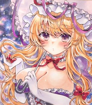 1girl :o blonde_hair blush breasts choker cleavage closed_mouth collarbone commentary dress elbow_gloves gloves hair_ribbon hand_in_own_hair hat highres holding holding_umbrella large_breasts long_hair looking_at_viewer mob_cap purple_dress purple_eyes ribbon ribbon_choker solo touhou traditional_media umbrella uto_amato white_gloves yakumo_yukari
