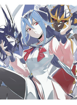 1girl 3_ma_me blue_hair breasts colored_bangs duel_monster highres ice_beast_zerofyne kamishiro_rio long_hair looking_at_viewer multicolored_hair number_103_ragnazero open_mouth purple_hair red_eyes shirt skirt tagme thighhighs two-tone_hair yu-gi-oh! yu-gi-oh!_zexal