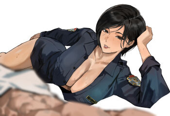 1boy 1girl abs absurdres ada_wong bed_sheet black_hair blurry blurry_foreground breasts brown_eyes cleavage collared_shirt commentary english_commentary hand_on_own_head highres large_breasts leon_s._kennedy looking_at_viewer lying no_pants on_bed on_side out_of_frame park_ongjol parted_bangs parted_lips partially_unbuttoned police police_badge police_uniform resident_evil shirt short_hair sleeves_rolled_up solo_focus