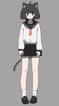 Rule 34 | 1girl, ahoge, animal ear fluff, animal ears, ascot, black collar, black eyes, black hair, black shoes, black skirt, black trim, blunt bangs, cat ears, cat girl, cat tail, collar, commentary request, frilled skirt, frills, grey background, highres, jitome, long sleeves, naka (buttergirl 02), original, partial commentary, pink ascot, puffy long sleeves, puffy sleeves, sailor collar, school uniform, serafuku, shirt, shirt tucked in, shoes, short hair, simple background, skirt, sleeves past wrists, socks, solo, tail, white shirt, white socks