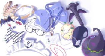 Rule 34 | a-chan (hololive), absurdres, anchor, anchor ornament, apple, bat hair ornament, black bow, blue bow, bow, branch, ceres fauna, character name, commentary, diagonal-striped bow, english commentary, eye mask, feathers, food, fruit, gawr gura, ginfutsuu, glasses, golden apple, hair ornament, hair tie, hat, highres, hololive, hololive english, id card, kiryu coco, lanyard, leaf, limiter (tsukumo sana), magnifying glass, maid headdress, mano aloe, mask, microphone, minato aqua, murasaki shion, nanashi mumei, no humans, object focus, rectangular eyewear, sakamata chloe, shadow, shark hair ornament, still life, striped bow, trait connection, triangle, tsukumo sana, two-tone bow, unworn eyewear, unworn hair ornament, unworn hat, unworn headwear, unworn mask, variant set, virtual youtuber, watson amelia, white background, white bow, witch hat, yozora mel