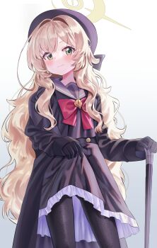 1girl :3 absurdres beret black_gloves black_hat black_pantyhose black_sailor_collar black_serafuku black_shirt black_skirt blonde_hair blue_archive blush bow bowtie cane closed_mouth commentary_request cowlick eyes_visible_through_hair feet_out_of_frame fluffy_hair frilled_skirt frills gloves green_eyes hair_between_eyes hair_intakes halo hat highres hitoha_koduku holding holding_cane long_hair long_sleeves looking_at_viewer medium_skirt pantyhose professor_niyaniya_(blue_archive) red_bow red_bowtie sailor_collar school_uniform serafuku shirt sidelighting sidelocks simple_background sitting skirt smile solo very_long_hair white_background yellow_halo