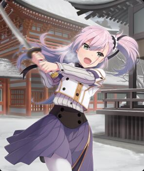 Rule 34 | 1girl, :d, aqua nails, architecture, black garter, black ribbon, blush, breath, building, buttons, cloud, cloudy sky, cowboy shot, day, dot nose, double-breasted, east asian architecture, frilled garter, game cg, green eyes, grey shirt, hair ribbon, holding, holding sword, holding weapon, jacket, katana, long hair, long sleeves, motion blur, official art, open mouth, origami family's special defense team uniform, pantyhose, purple hair, purple skirt, ribbed shirt, ribbon, shirt, short side ponytail, skirt, sky, smile, snow, solo, swinging weapon, sword, third-party source, toji no miko, toji no miko: kizamishi issen no tomoshibi, tree, tsubakuro yume, weapon, white jacket, white pantyhose, winter