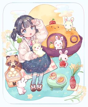 1girl :o animal apple arm_up black_hair blue_dress blue_eyes blue_socks cardigan child collared_shirt cup dress egasumi flower food from_above fruit full_body full_moon hacosumi highres knees_up long_sleeves looking_up moon onigiri open_cardigan open_clothes open_mouth original plate print_dress puffy_long_sleeves puffy_sleeves rabbit rabbit_ear_footwear shirt short_twintails sitting sleeves_past_wrists socks solo star_(symbol) striped_clothes striped_socks tanuki teacup tsukimi twintails vase vertical-striped_clothes vertical-striped_socks white_cardigan white_shirt yellow_flower