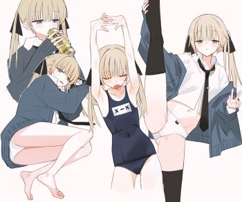 1girl armpits arms_up ass bare_arms bare_legs barefoot black_necktie black_ribbon black_thighhighs blonde_hair blue_cardigan blue_eyes blue_one-piece_swimsuit blush_stickers can cardigan closed_eyes closed_mouth collared_shirt covered_navel cropped_legs dress_shirt drinking energy_drink feet flat_chest hair_ribbon highres holding holding_can interlocked_fingers long_sleeves looking_at_viewer lying monster_energy multiple_views navel necktie no_pants off_shoulder old_school_swimsuit on_side one-piece_swimsuit open_cardigan open_clothes open_mouth original own_hands_together panties planbi ribbon school_swimsuit shirt simple_background sleeves_past_wrists soles split standing standing_on_one_leg standing_split stretching sweat swimsuit thighhighs tie_clip toes twintails underwear w white_background white_panties white_shirt