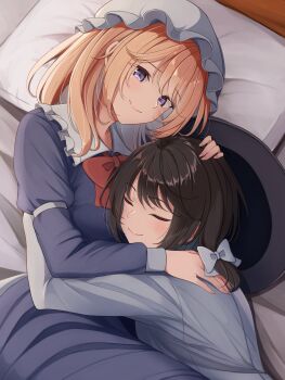 2girls bed black_hat blonde_hair blush bow bowtie brown_hair closed_eyes collar collared_dress commentary_request cowboy_shot dress frilled_collar frills from_side fumei_(mugendai) hair_bow hand_in_another&#039;s_hair hand_on_another&#039;s_back hand_on_another&#039;s_head hat head_on_pillow highres hug long_sleeves lying maribel_hearn medium_hair mob_cap multiple_girls on_back on_bed pillow purple_dress purple_eyes red_bow red_bowtie shirt sleeve_cuffs smile touhou unworn_hat unworn_headwear upper_body usami_renko white_hat white_shirt yuri