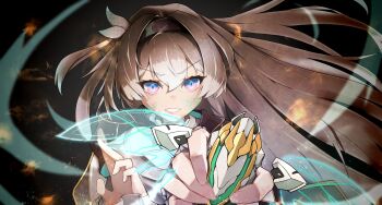 1girl absurdres black_hairband clenched_teeth fire firefly_(honkai:_star_rail) grey_hair hair_between_eyes hair_intakes hairband henshin highres holding honkai:_star_rail honkai_(series) long_hair multicolored_eyes qiuzibuxianghuahua scar scar_on_face teeth two-tone_eyes upper_body