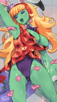 Rule 34 | 1girl, 6+others, alternate breast size (larger), animal ears, artist request, bare legs, bare shoulders, bishoujo senshi sailor moon, bishoujo senshi sailor moon supers, blonde hair, breasts, candy girl, cleavage, closed eyes, colored skin, covered navel, curvy, demon girl, detached collar, extra eyes, eyelashes, eyeshadow, flower, highleg, highleg leotard, highres, large breasts, lemures (sailor moon), leotard, licking, licking armpit, long hair, makeup, melting, moaning, multiple others, open mouth, peropero (sailor moon), playboy bunny, purple leotard, rabbit ears, restrained, revealing clothes, rose, saliva, scene reference, sexually suggestive, sweat, tears, tongue, tongue out, trembling, very long hair, wavy hair, white wrist cuffs, wrist cuffs